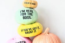 10 super modern bold pumpkins decorated with letter decals are amazing to create for your bright and modern Halloween