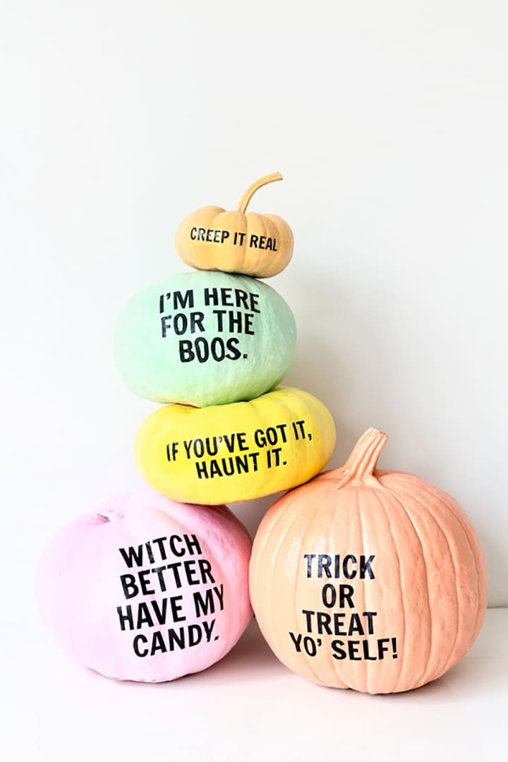 super modern bold pumpkins decorated with letter decals are amazing to create for your bright and modern Halloween
