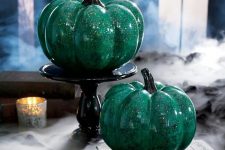 13 super elegant green marble pumpkins on stands will be a gorgeous solution for Halloween decor and you can DIy them easily