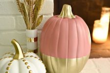 17 lovely glam pumpkins in pink, gold and white, with gold dots are amazing for a chic and stylish Halloween