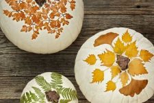 21 white pumpkins decorated with decoupage, with leaves in bold fall colors and in traditional greens are great for fall and Halloween