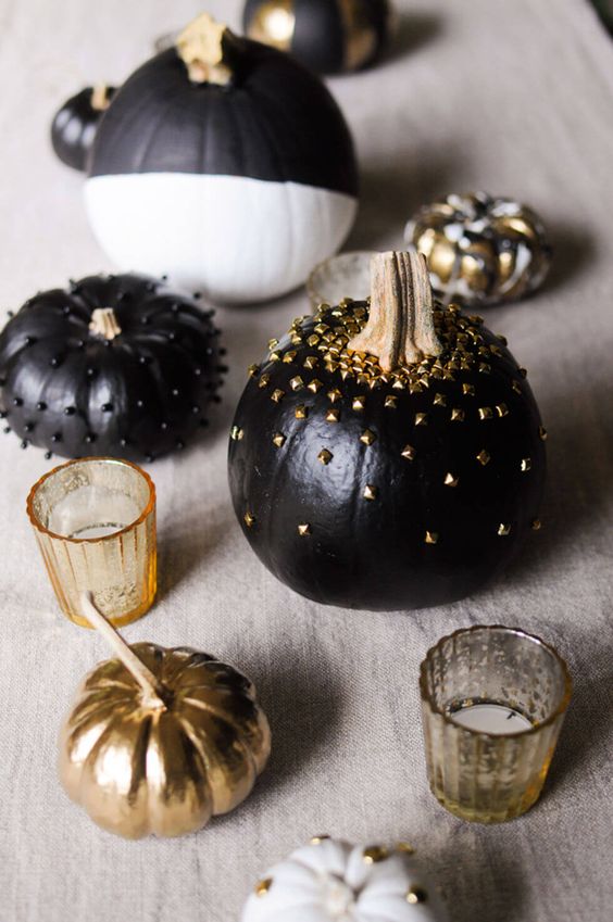 black and white pumpkins decorated with gold studs and black beads are amazing for Halloween