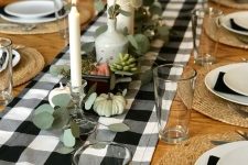 a stylish plaid table runner is perfect for Thanksgiving tablescape