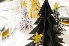 03 a black and white Christmas trees and gold ones with various patterns and gold glitter star toppers for holiday decor