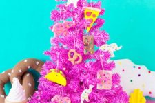 15 a hot pink Christmas tree decorated with junk food clay ornaments is a very bold color statement that inspired and strikes