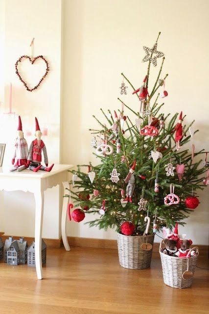 a small Scandinavian Christmas tree with red and white ornaments including felt hearts, small gnomes and other stuff is cool
