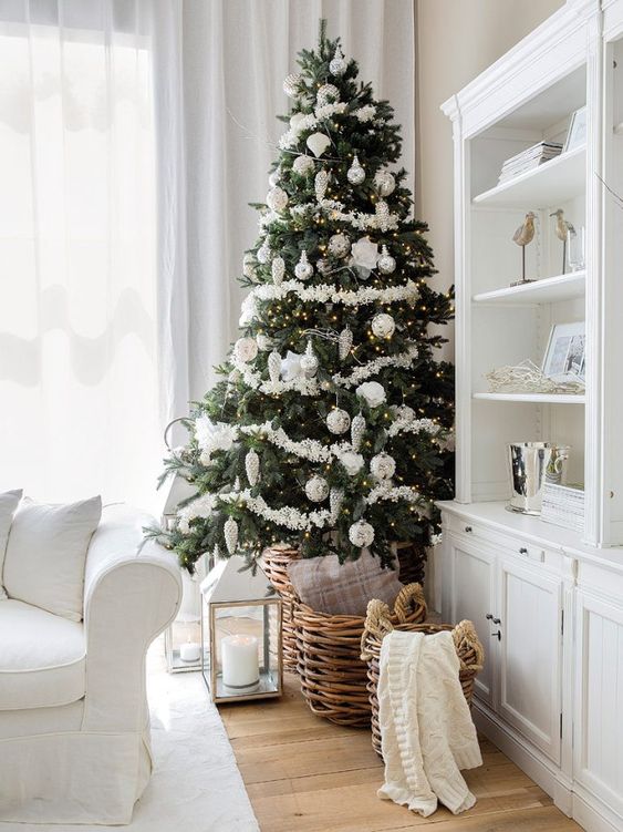 a classy Nordic Christmas tree with white and silver ornaments, with lights and white bottle cleaner is a lovely idea for these holidays