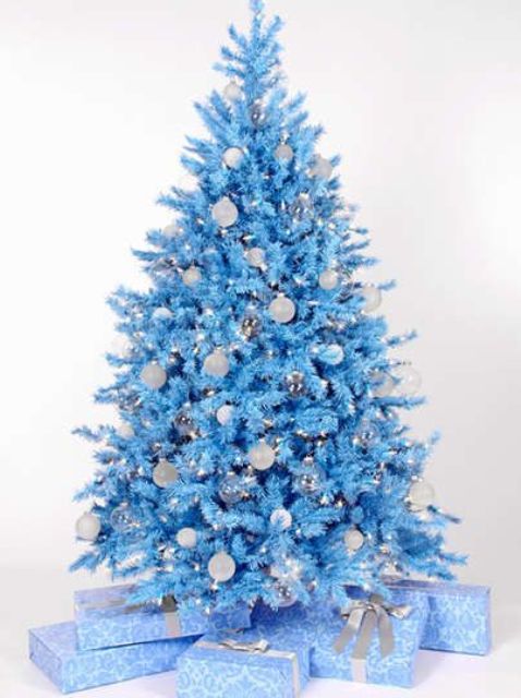 an icy blue Christmas tree with white and silver ornaments plus lights is a unique solution that will give a snowy feel to your room