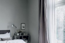 35 a grey bedroom accented with sheer white curtains and with thicker lavender ones for a delicate touch of color