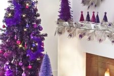 a deep purple Christmas tree decorated with purple and fuchsia ornaments, purple garlands and a purple star on top is an out of the box idea