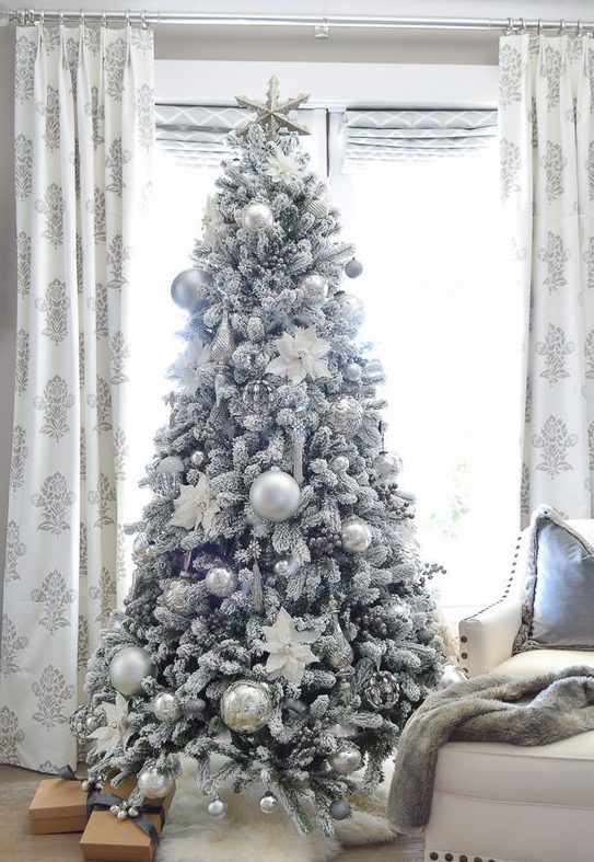 a flocked Christmas tree with silver and silver glitter usual and oversized Christmas ornaments looks frozen