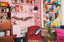 a bright pink home office design