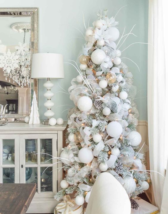 an icy Christmas tree - a flocked one with snowy pinecones, lights, oversized white ornaments and some twigs plus white fabric blooms