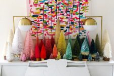 colorful Christmas decor with a bold spotted Christmas artwork, colorful bottle brush trees is fun and very easy to realize