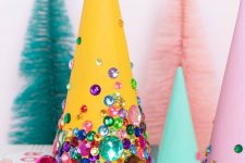 colorful cardboard cone Christmas trees with bright rhinestones are amazing for styling your Christmas mantel