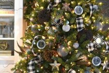 03 a beautiful Christmas tree with buffalo check ribbons, matching ornaments, yarn balls, pinecones, monograms, snowflakes and lights