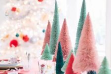 04 a colorful Christmas tablescape with super bright bottle brush Christmas trees, bold linens and porcelain is amazing