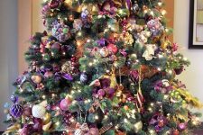 06 a gorgeous sophisticated Christmas tree with pink, purple, silver ornaments, plaid ribbons, beads and lights is fantastic