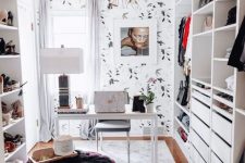 a stylish home office with a shoe rack