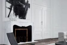 09 a white marble-clad fireplace with black inside and a gorgoeus ornated white mantel over it, a statement artwork for a stronger impression
