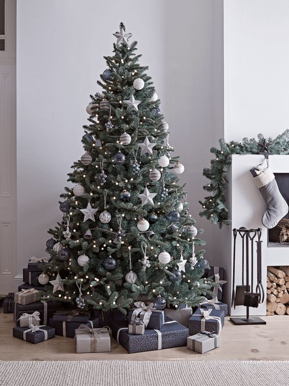 a dreamy Christmas tree with lights, graphite grey and silver and white ornaments, stars, bells and baubles is a very refined idea