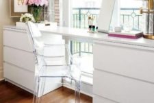 12 a modern white desk made of a couple of IKEA Malm dressers and a tabletop is a creative piece with plenty of storage