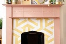 14 a cheerful fireplace with hex striped tiles around and a pink mantel plus quirky art looks very unusual