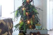 15 a woodland Christmas tree decorated with ferns, pinecones, little green and brown ornaments, bauble lights and antlers is creative