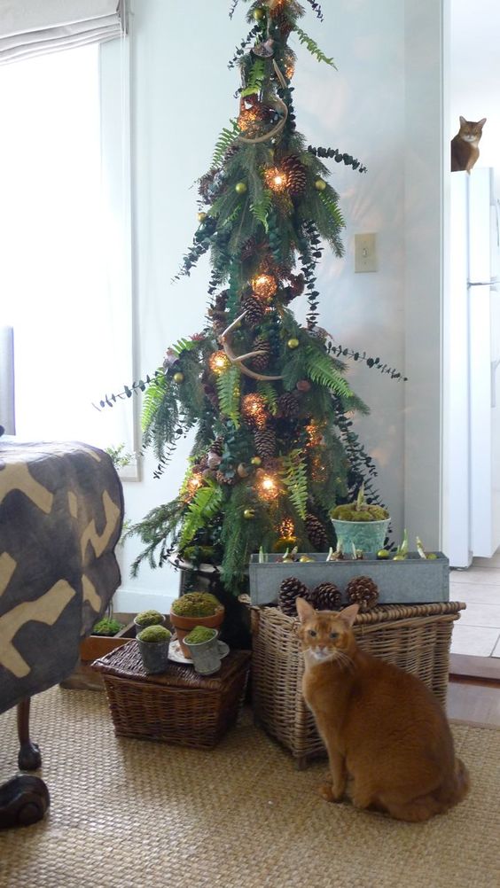 a woodland Christmas tree decorated with ferns, pinecones, little green and brown ornaments, bauble lights and antlers is creative