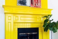 17 a zesty yellow fireplace with a painted brick surround, a mantel and a color accent on the wall plus some artworks will make a statement in your space