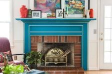 20 a bright mid-century modern living room with a bold blue mantel over a red brick fireplace, the mantel completely changes the look