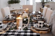 22 a buffalo check table runner, mugs and napkins for a cozy woodland Christmas tablescape