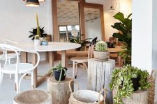 25 sustainable home decor with tree stumps, baskets for storage, potted plants and cacti, floor mirror in wooden frames