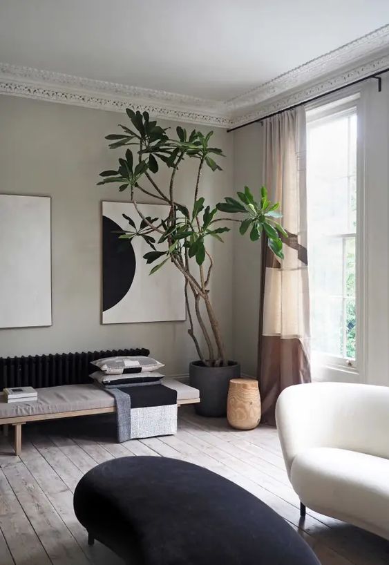 a neutral and chic sustainable living room with a potted plant, a wooden side table, curved furniture and a gallery wall