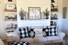 30 buffalo check pillows, a table runner and a blanket are stylish farmhouse-inspired accessories for a cozy feel