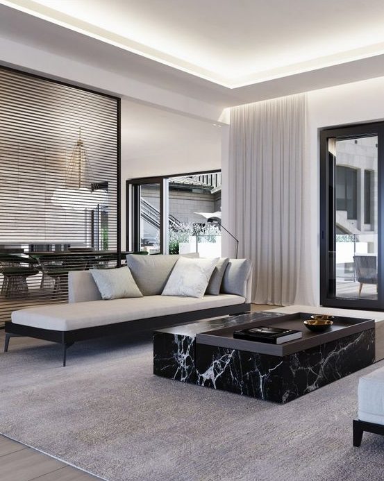 an elegant contemporary living room accented with a black marble slab table that brings ultimate luxury