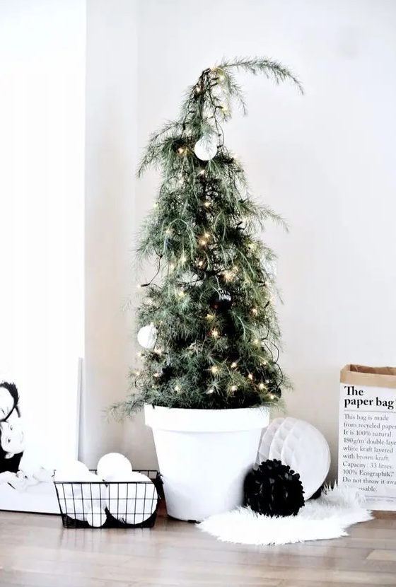 a small potted black and white cedar Christmas tree with ornaments and lights is a cool solution for a minimalist or super modern space