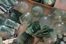 a whole arrangement of mint and green ornaments, semi sheer, usual baubles and paper ornaments for Christmas