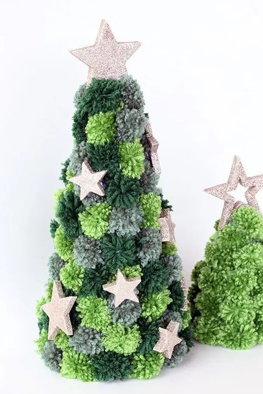 cool and simple grey and green pompom Christmas trees with glitter stars are great for holiday decor