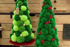 mini cone-shaped pompom Christmas trees with colorful ornaments and tags will be nice tabletop decorations