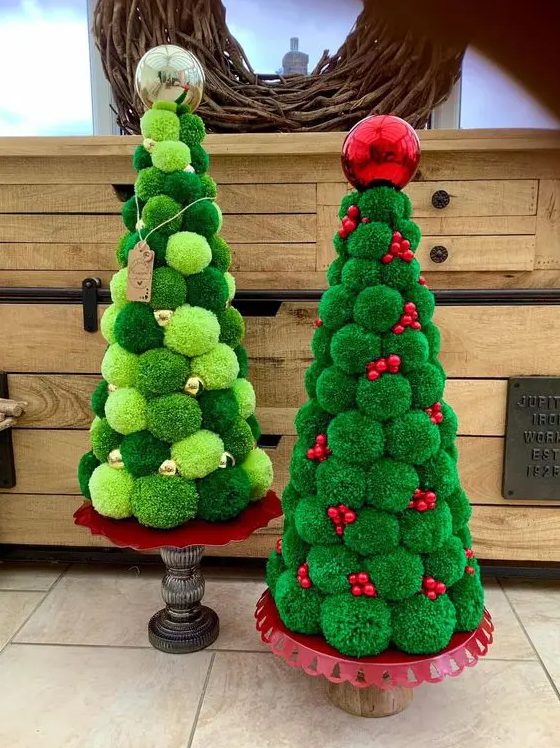 Mini cone shaped pompom Christmas trees with colorful ornaments and tags will be nice tabletop decorations