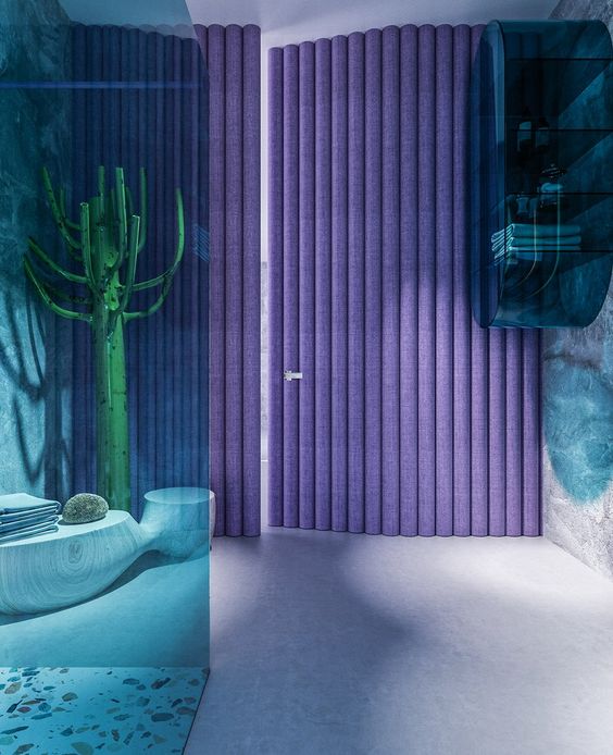 a unique bathroom with a very peri wall and door, a catchy stand, a blue glass storage unit and a blue glass shower space