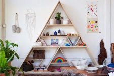 12 a cool triangle wooden shelving unit is a great idea for a boho or modern space and isn’t difficult to DIY