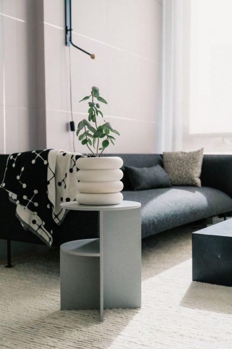a stylish grey geometric side table, a black slab coffee table and a ring planter give interest to the space with their shapes