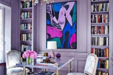 a vibrant home office design in purple colors