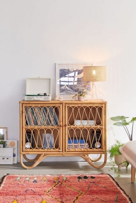 a chic and cool rattan media console is a stylish idea for a boho or mid-century modern space