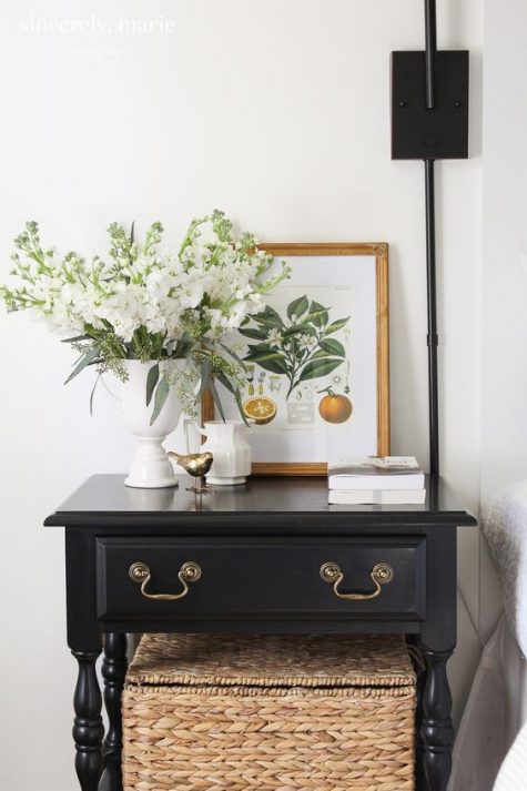 a beautiful vintage black nightstand with brass handles is a chic idea for a farmhouse bedroom