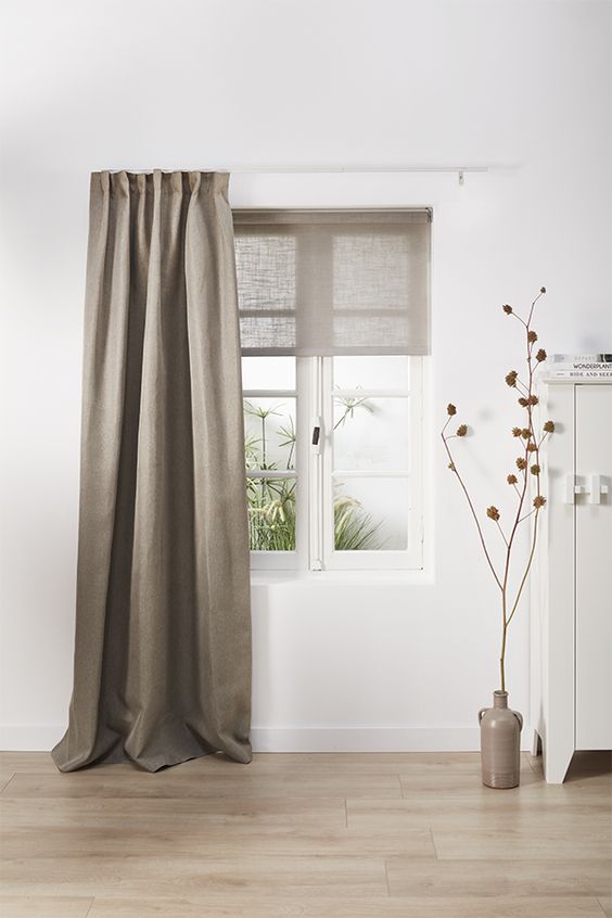 a grey woven blind paired with a grey curtain add color to the white space and block sunshine when needed easily