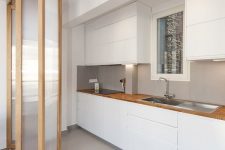 a minimalist white kitchen with butcherblock countertops and a forsted glass folding door with stained frames for a modern yet warm look