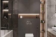 a stylish grey-taupe bathroom design